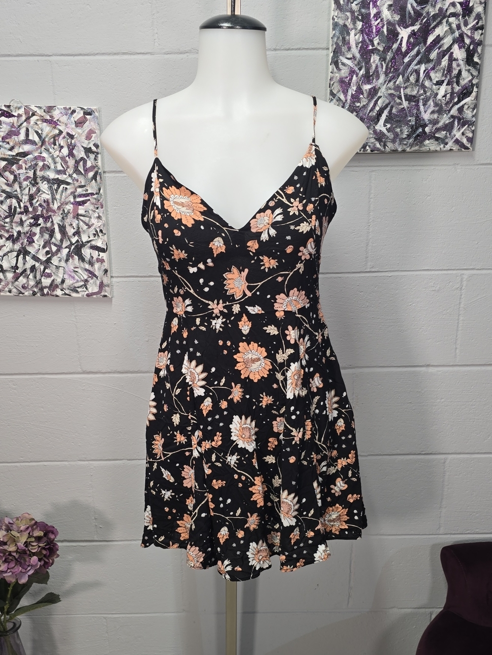 American Eagle Outfitters Black Mini Dress with Peach Floral Print